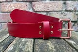 Plain leather 19mm-38mm wide belt with rose gold look steel single roller buckle. Choice of 12 colours
