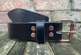 Buffalo leather 19mm-38mm wide belt with rose gold look steel roller buckle. Choice of 9 colours