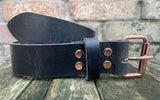 Buffalo leather 19mm-38mm wide belt with rose gold look steel roller buckle. Choice of 9 colours