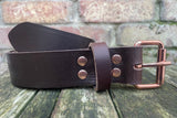 Buffalo leather 19mm-38mm wide belt with rose gold look steel roller buckle. Choice of 9 colours