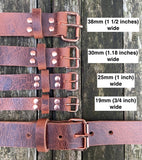 Buffalo leather 19mm-38mm wide belt with rose gold look steel roller buckle. Choice of 9 colours