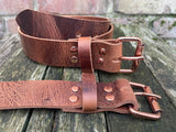 Buffalo leather 19mm-38mm wide belt with rose gold look steel roller buckle. Choice of 9 colours