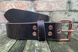 Buffalo leather 19mm-38mm wide belt with rose gold look steel roller buckle. Choice of 9 colours