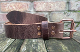 Buffalo leather 19mm-38mm wide belt with rose gold look steel roller buckle. Choice of 9 colours