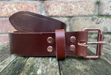 Buffalo leather 19mm-38mm wide belt with rose gold look steel roller buckle. Choice of 9 colours