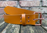 Plain leather 19mm-38mm wide belt with rose gold look steel single roller buckle. Choice of 12 colours