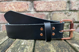 Plain leather 19mm-38mm wide belt with rose gold look steel single roller buckle. Choice of 12 colours
