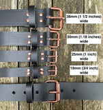 Plain leather 19mm-38mm wide belt with rose gold look steel single roller buckle. Choice of 12 colours