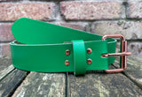 Plain leather 19mm-38mm wide belt with rose gold look steel single roller buckle. Choice of 12 colours