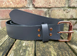 Plain leather 19mm-38mm wide belt with rose gold look steel single roller buckle. Choice of 12 colours