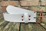 Plain leather 19mm-38mm wide belt with rose gold look steel single roller buckle. Choice of 12 colours