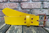 Plain leather 19mm-38mm wide belt with rose gold look steel single roller buckle. Choice of 12 colours