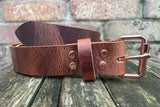 Buffalo leather 19mm-38mm wide belt with rose gold look steel roller buckle. Choice of 9 colours