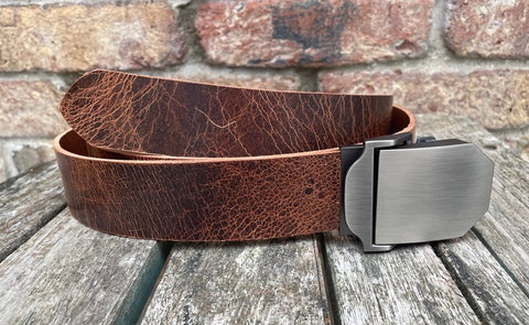 Buffalo leather belt & Slider Style Gunmetal Steel Buckle. 1 1/2" wide choice of colour