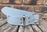 Baby blue plain leather belt with nickel plated steel roller buckle. Choice of width.