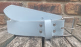 Baby blue plain leather belt with nickel plated steel roller buckle. Choice of width.
