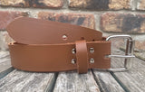 Chestnut Brown plain leather belt with nickel plated steel roller buckle. Choice of width.