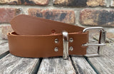 Chestnut Brown plain leather belt with nickel plated steel roller buckle. Choice of width.