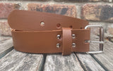Chestnut Brown plain leather belt with nickel plated steel roller buckle. Choice of width.