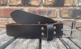 Dark Brown plain leather belt with nickel plated steel roller buckle. Choice of width.