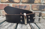 Dark Brown plain leather belt with nickel plated steel roller buckle. Choice of width.