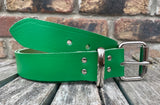 Plain leather 19mm-50mm wide belt with heavy duty nickel plated steel roller buckle. Choice of 13 colours