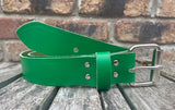 Green plain leather belt with nickel plated steel roller buckle. Choice of width.