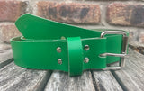 Green plain leather belt with nickel plated steel roller buckle. Choice of width.
