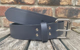 Grey plain leather belt with nickel plated steel roller buckle. Choice of width.