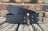 Grey plain leather belt with nickel plated steel roller buckle. Choice of width.
