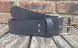 Plain leather 19mm-50mm wide belt with nickel plated steel light roller buckle. Choice of 13 colours