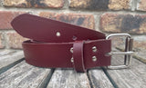 Oxblood plain leather belt with nickel plated steel roller buckle. Choice of width.