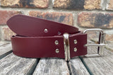 Plain leather 19mm-50mm wide belt with heavy duty nickel plated steel roller buckle. Choice of 13 colours