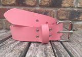 Pink plain leather belt with nickel plated steel roller buckle. Choice of width.