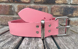 Pink plain leather belt with nickel plated steel roller buckle. Choice of width.