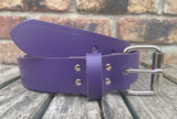 Purple plain leather belt with nickel plated steel roller buckle. Choice of width.