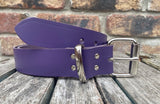 Purple plain leather belt with nickel plated steel roller buckle. Choice of width.