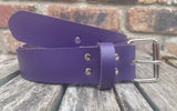 Purple plain leather belt with nickel plated steel roller buckle. Choice of width.