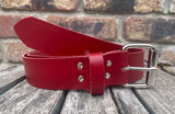 Red plain leather belt with nickel plated steel roller buckle. Choice of width.