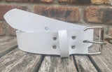 White plain leather belt with nickel plated steel roller buckle. Choice of width.