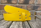 Yellow plain leather belt with nickel plated steel roller buckle. Choice of width.