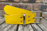 Yellow plain leather belt with nickel plated steel roller buckle. Choice of width.