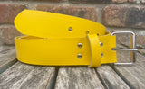 Yellow plain leather belt with nickel plated steel roller buckle. Choice of width.
