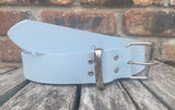 Baby blue plain leather belt with nickel plated steel roller buckle. Choice of width.