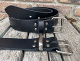 Black plain Leather Belt with nickel plated steel roller buckle. Choice of width.