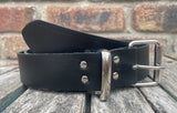 Black plain Leather Belt with nickel plated steel roller buckle. Choice of width.