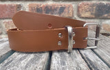 Chestnut Brown plain leather belt with nickel plated steel roller buckle. Choice of width.