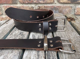 Dark Brown plain leather belt with nickel plated steel roller buckle. Choice of width.