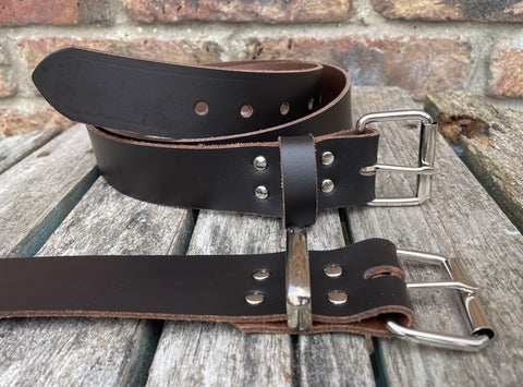 Dark Brown plain leather belt with nickel plated steel roller buckle. Choice of width.