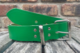 Green plain leather belt with nickel plated steel roller buckle. Choice of width.